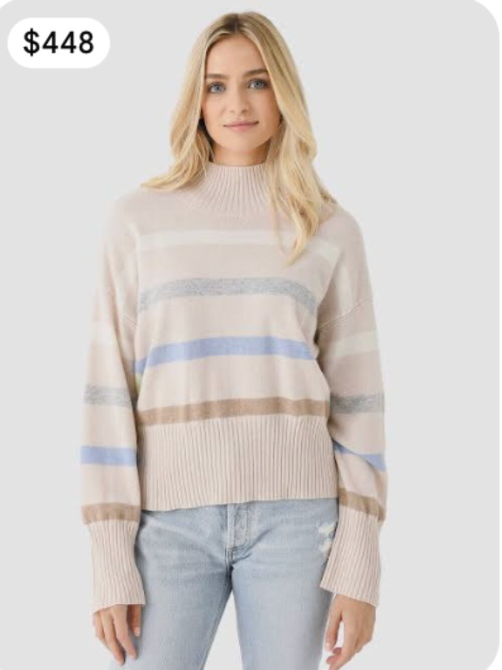 Kerri Rosenthal 100% Cashmere Striped Mock Neck Sweater Beige Size S